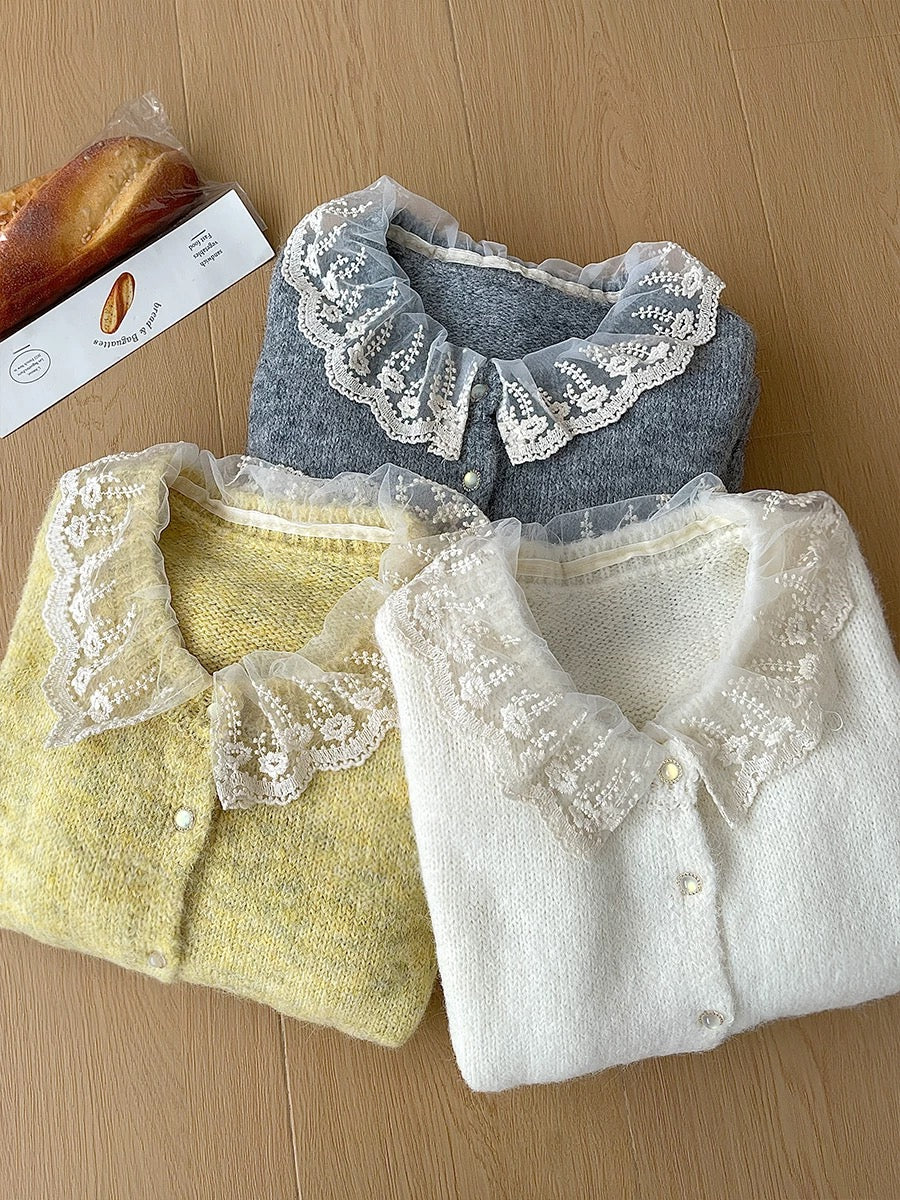 RENA Japanese sweet lace doll collar soft glutinous sweater jacket women's loose lazy style knitted cardigan autumn and winter