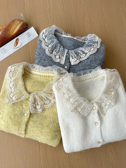 RENA Japanese sweet lace doll collar soft glutinous sweater jacket women's loose lazy style knitted cardigan autumn and winter