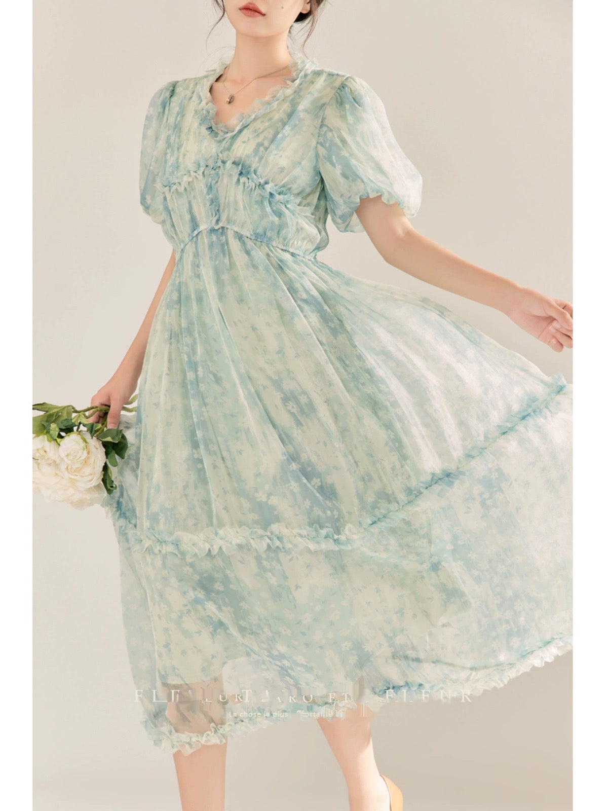 Qiao and the Flower Bottle丨French Floral Chiffon Dress 2023 New Women's Gentle Wooden Ear Temperament Super Fairy Long Dress