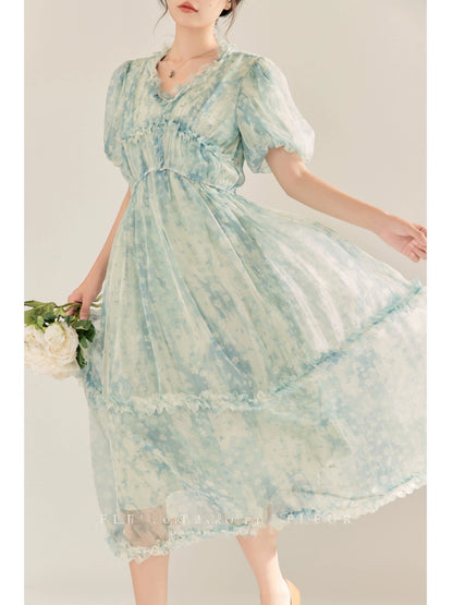 Qiao and the Flower Bottle丨French Floral Chiffon Dress 2023 New Women's Gentle Wooden Ear Temperament Super Fairy Long Dress