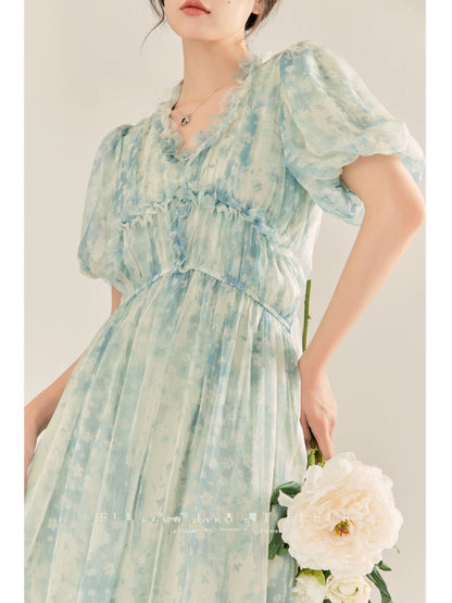 Qiao and the Flower Bottle丨French Floral Chiffon Dress 2023 New Women's Gentle Wooden Ear Temperament Super Fairy Long Dress