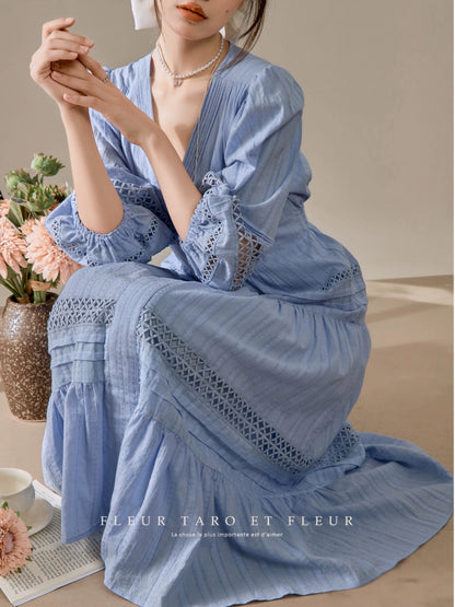 Blue dress French retro v-neck tea break lazy temperament vacation niche design long skirt for women summer