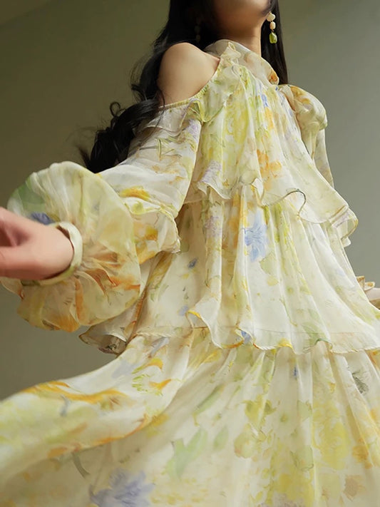 Aconiconi｜Cang Lanxin French summer sweet girl off-shoulder ruffled cake skirt age-reducing dress