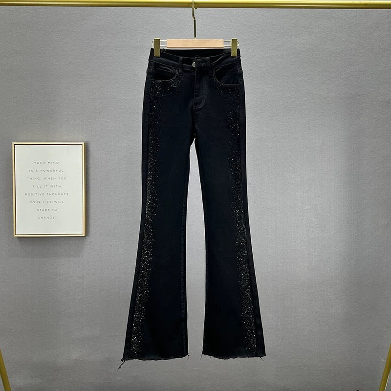 Heavy-duty hot-drilled denim boot-cut trousers for women, 2023 new autumn elastic high-waist slimming European floor-length trousers