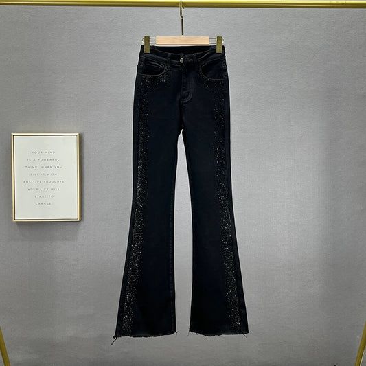 Heavy-duty hot-drilled denim boot-cut trousers for women, 2023 new autumn elastic high-waist slimming European floor-length trousers