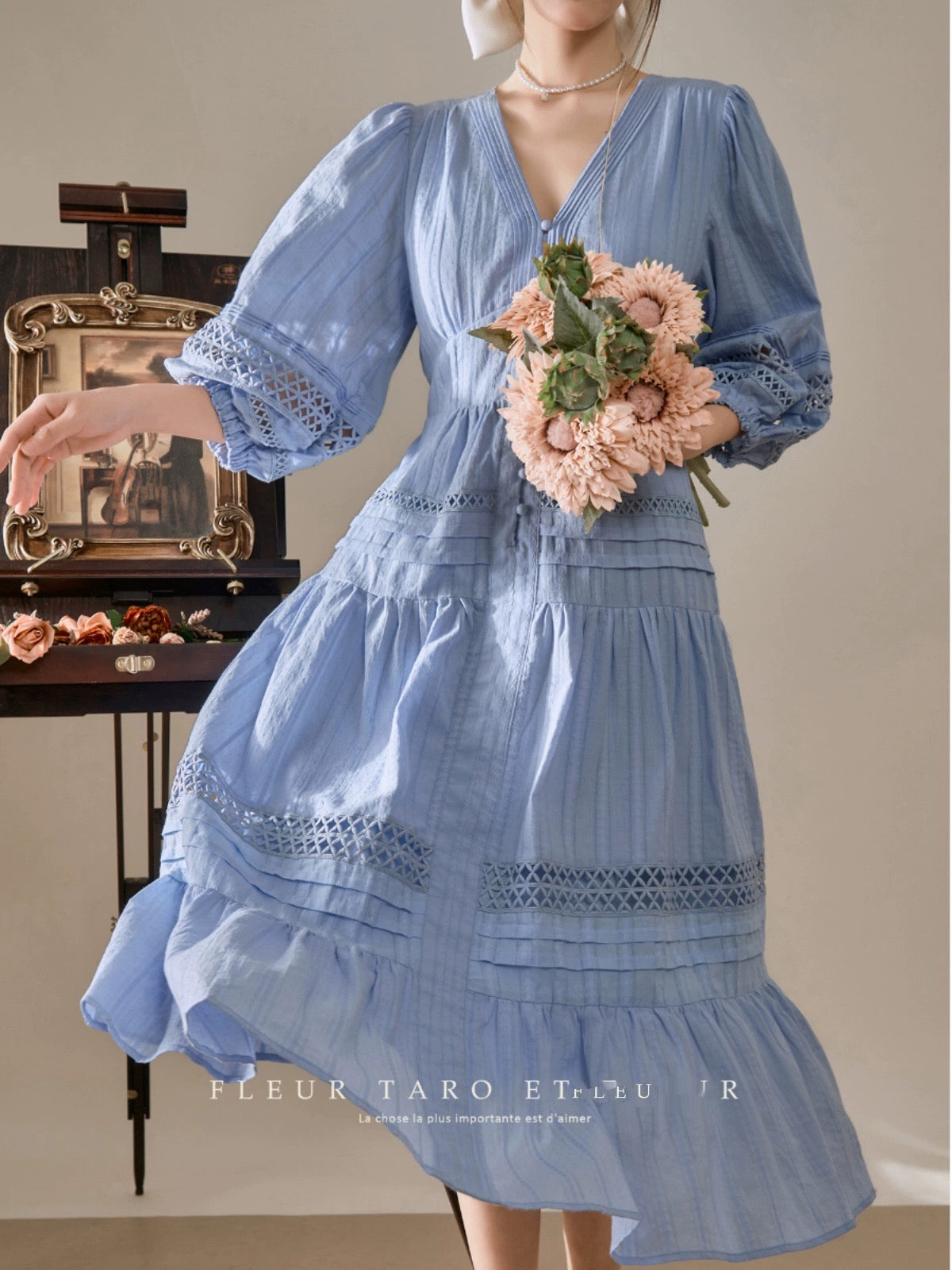 Blue dress French retro v-neck tea break lazy temperament vacation niche design long skirt for women summer