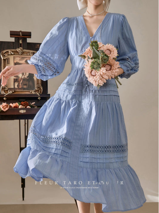 Blue dress French retro v-neck tea break lazy temperament vacation niche design long skirt for women summer