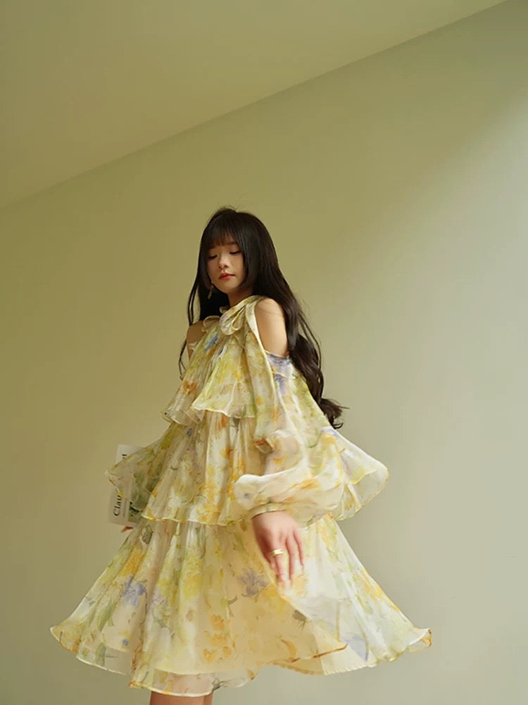 Aconiconi｜Cang Lanxin French summer sweet girl off-shoulder ruffled cake skirt age-reducing dress
