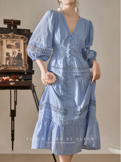 Blue dress French retro v-neck tea break lazy temperament vacation niche design long skirt for women summer