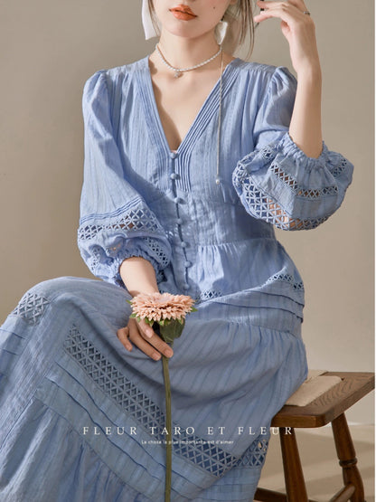 Blue dress French retro v-neck tea break lazy temperament vacation niche design long skirt for women summer