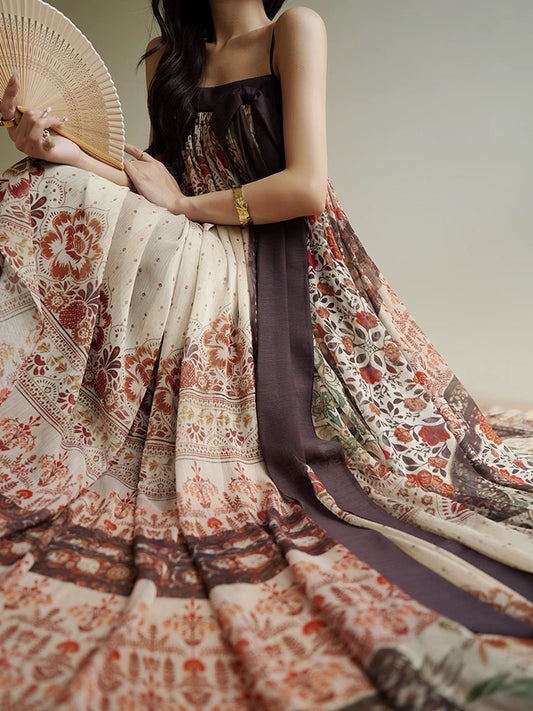 Aconiconi｜Maple Bohemian Resort Style Suspender Large Skirt Printed Design Niche Dress