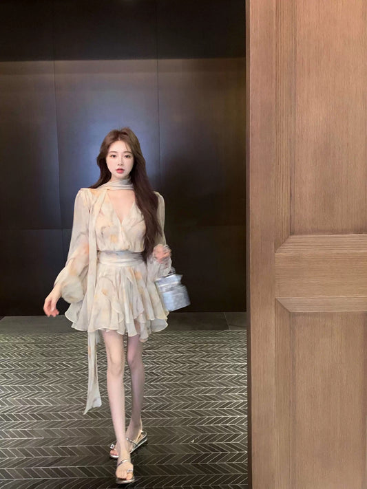 French floral v-neck long-sleeved chiffon dress women's summer yellow gentle design waist a-line short skirt