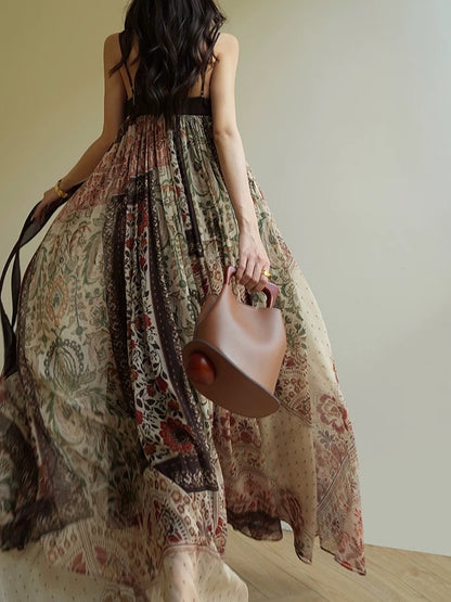Aconiconi｜Maple Bohemian Resort Style Suspender Large Skirt Printed Design Niche Dress