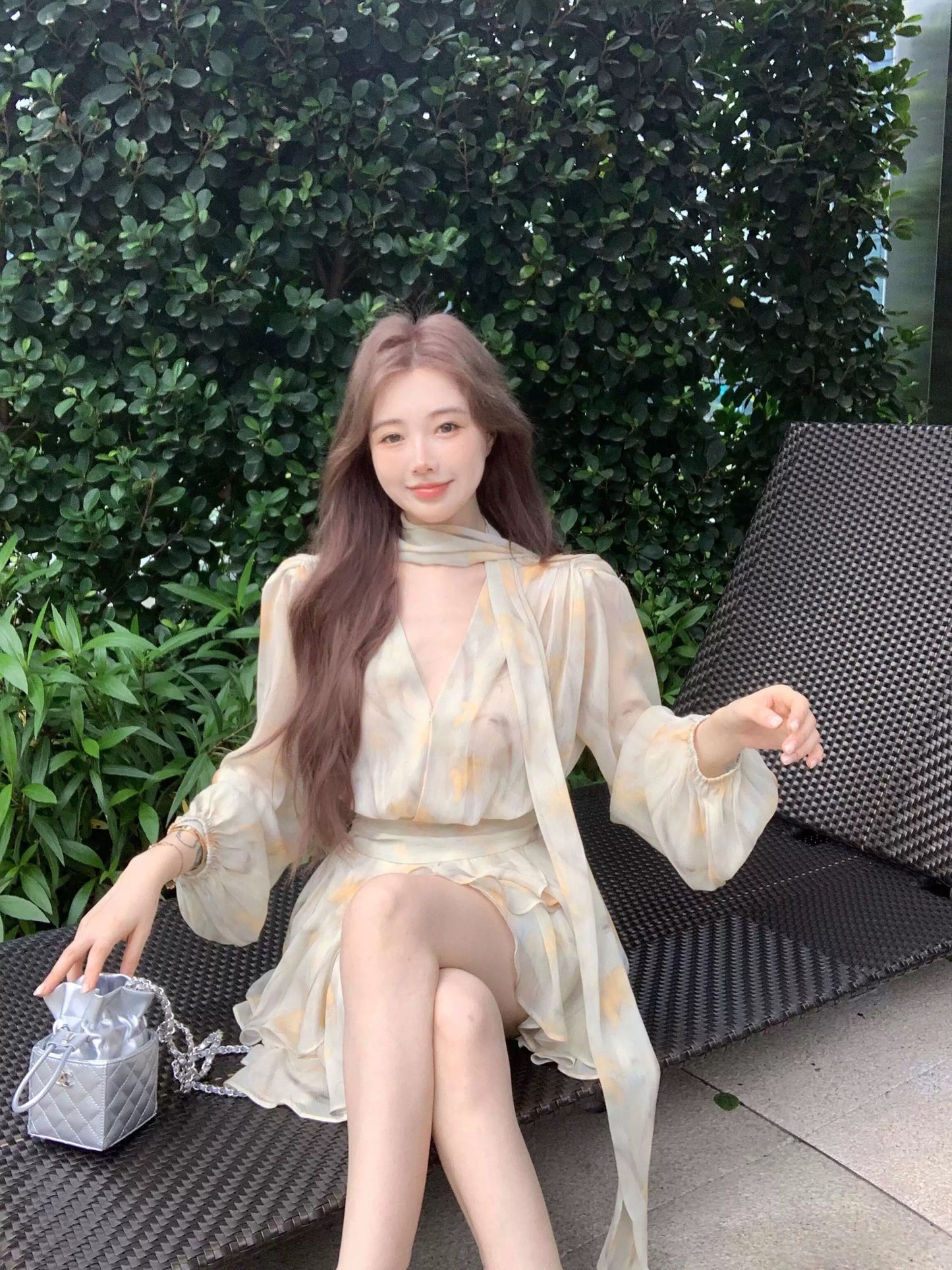 French floral v-neck long-sleeved chiffon dress women's summer yellow gentle design waist a-line short skirt