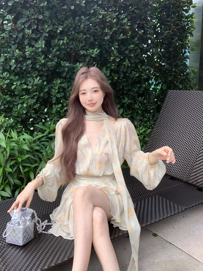 French floral v-neck long-sleeved chiffon dress women's summer yellow gentle design waist a-line short skirt