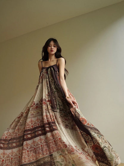 Aconiconi｜Maple Bohemian Resort Style Suspender Large Skirt Printed Design Niche Dress