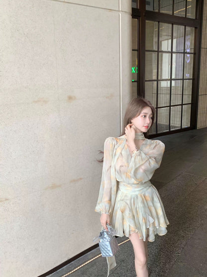 French floral v-neck long-sleeved chiffon dress women's summer yellow gentle design waist a-line short skirt