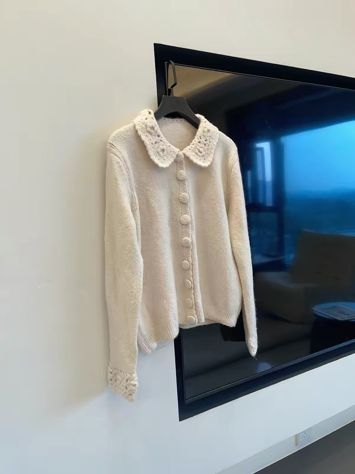 JULY START: Soft,-inspired style—vintage-style handmade crochet-paneled knit cardigan with a Peter Pan collar and single-breasted button closure.