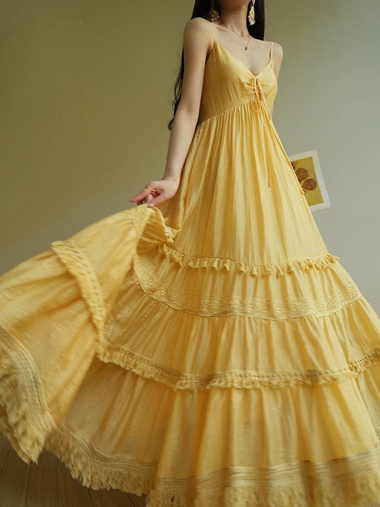 Aconiconi｜Floating Light Island French resort style high-end atmosphere suspender skirt Lyocell swing dress