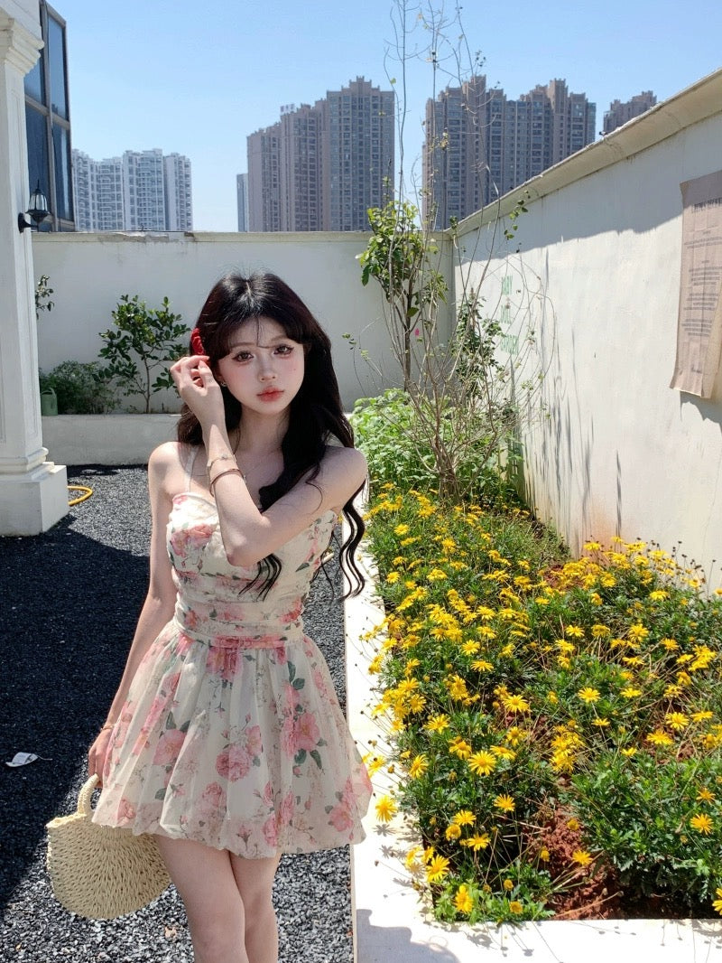 Pastoral style rose floral suspender dress women's summer waist A-line skirt sweet design fluffy skirt
