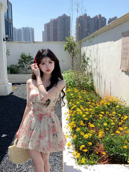 Pastoral style rose floral suspender dress women's summer waist A-line skirt sweet design fluffy skirt