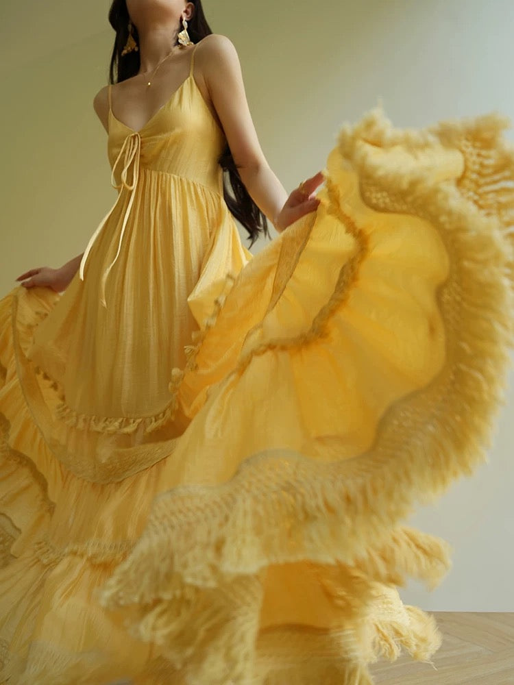 Aconiconi｜Floating Light Island French resort style high-end atmosphere suspender skirt Lyocell swing dress