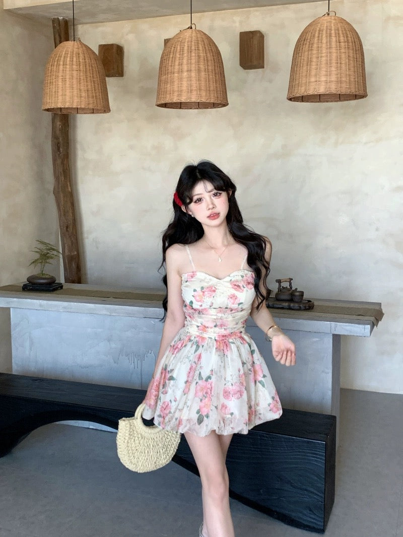 Pastoral style rose floral suspender dress women's summer waist A-line skirt sweet design fluffy skirt