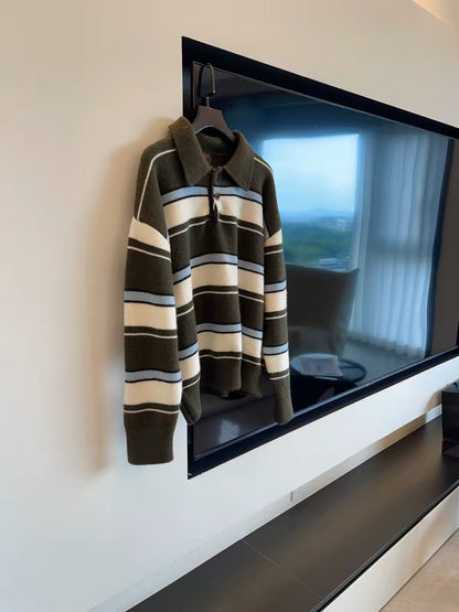JULY START – Korean-style design: Retro, youthful striped long-sleeve knit sweater with a contrasting-color polo collar.