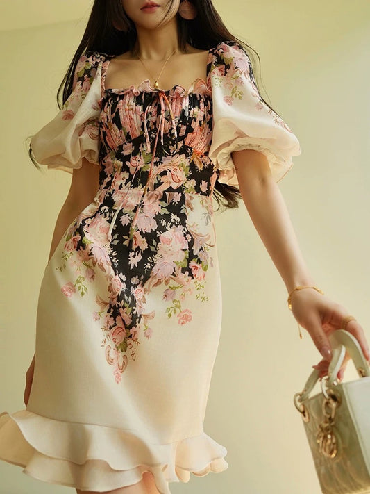 Aconiconi｜Mohuamian French gentle ink print oriental aesthetic elegant temperament hip dress