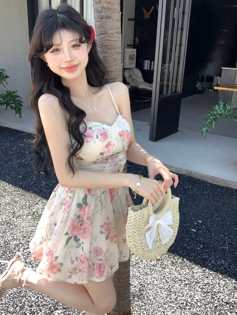 Pastoral style rose floral suspender dress women's summer waist A-line skirt sweet design fluffy skirt