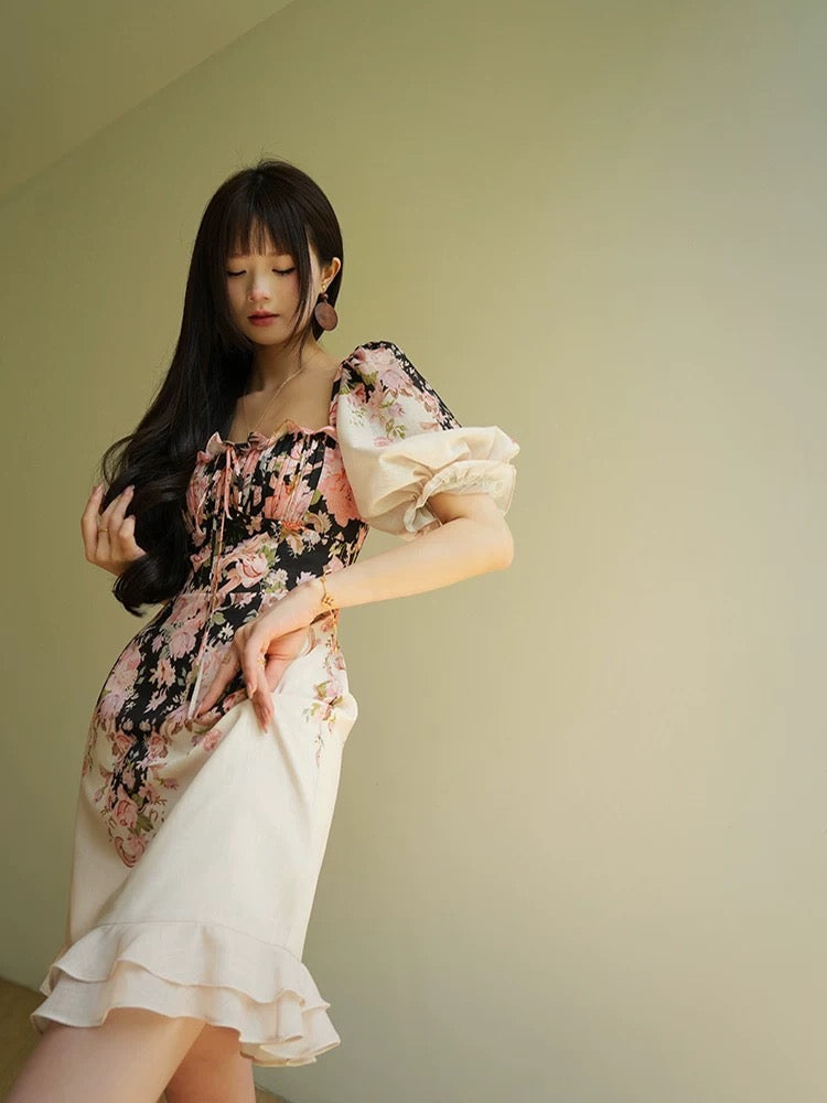 Aconiconi｜Mohuamian French gentle ink print oriental aesthetic elegant temperament hip dress