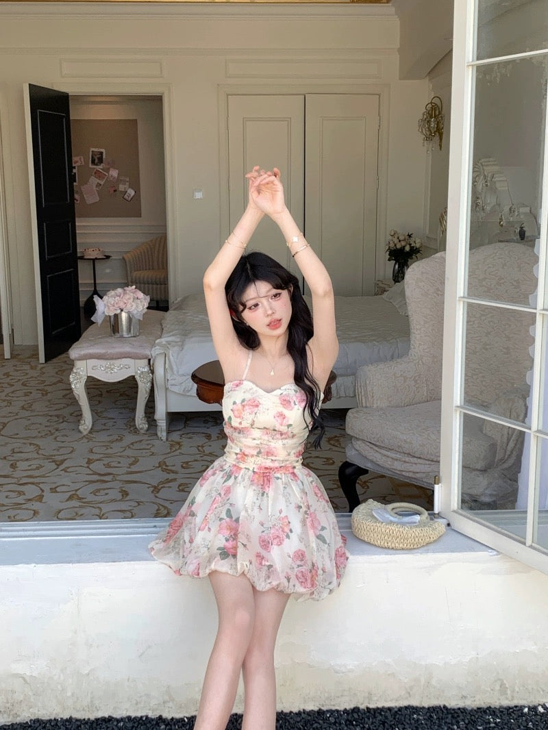 Pastoral style rose floral suspender dress women's summer waist A-line skirt sweet design fluffy skirt