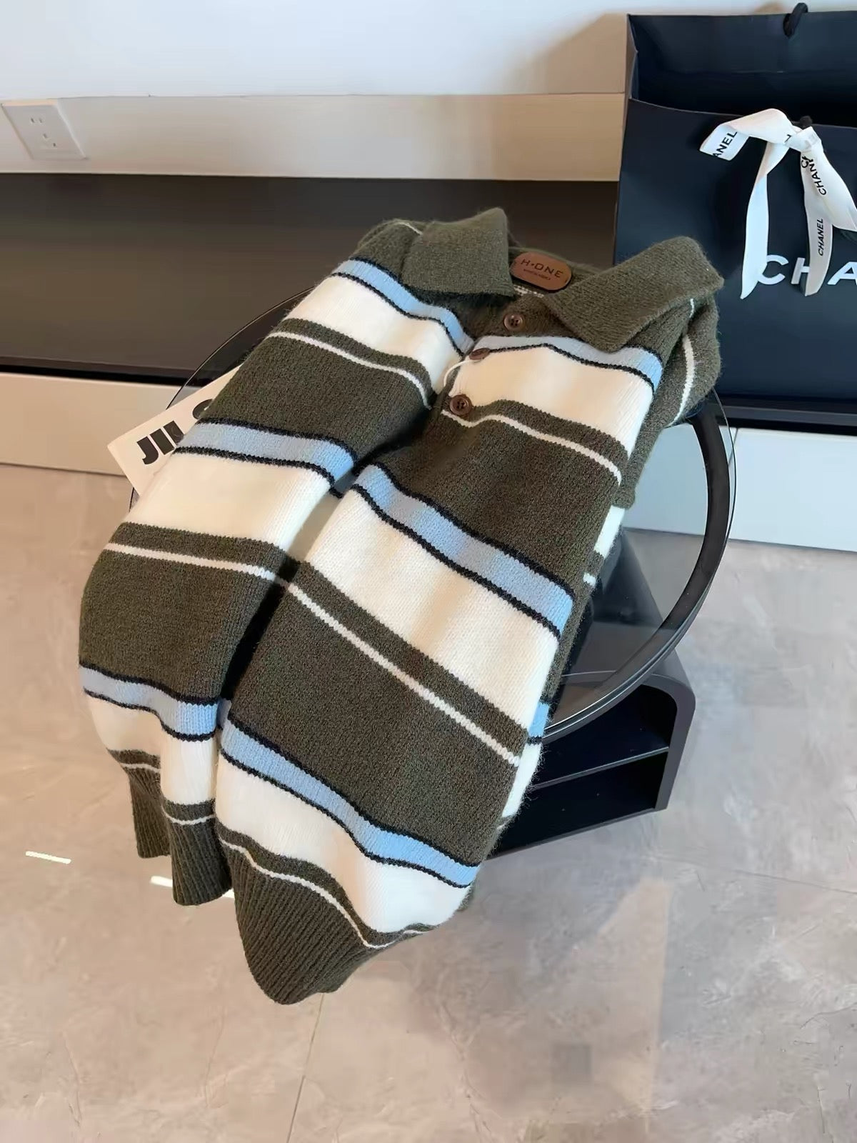 JULY START – Korean-style design: Retro, youthful striped long-sleeve knit sweater with a contrasting-color polo collar.