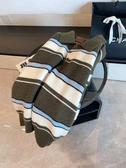 JULY START – Korean-style design: Retro, youthful striped long-sleeve knit sweater with a contrasting-color polo collar.