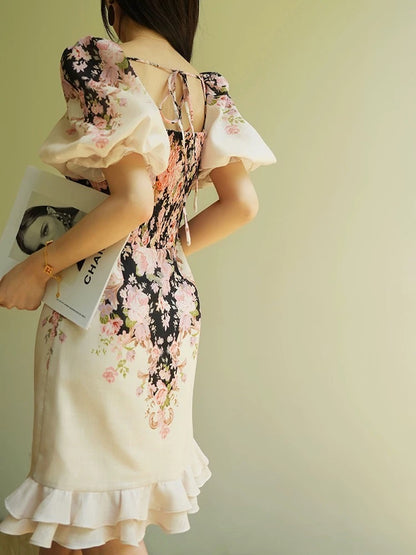 Aconiconi｜Mohuamian French gentle ink print oriental aesthetic elegant temperament hip dress