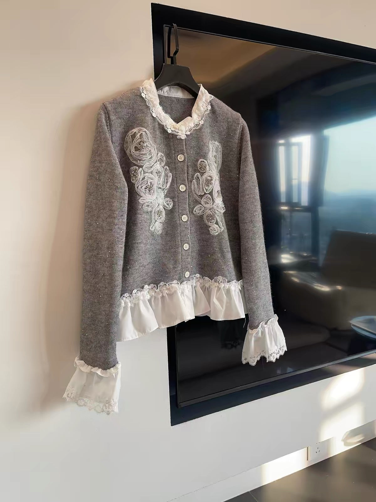 JULY START Early Spring New Arrival: Intricately Beaded Floral Lace-Paneled Knit Cardigan (Faux-Layered Style)