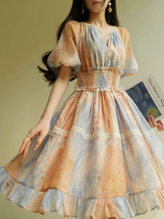 Aconiconi｜Manchunshan French girl gradient print waist retro niche design short dress