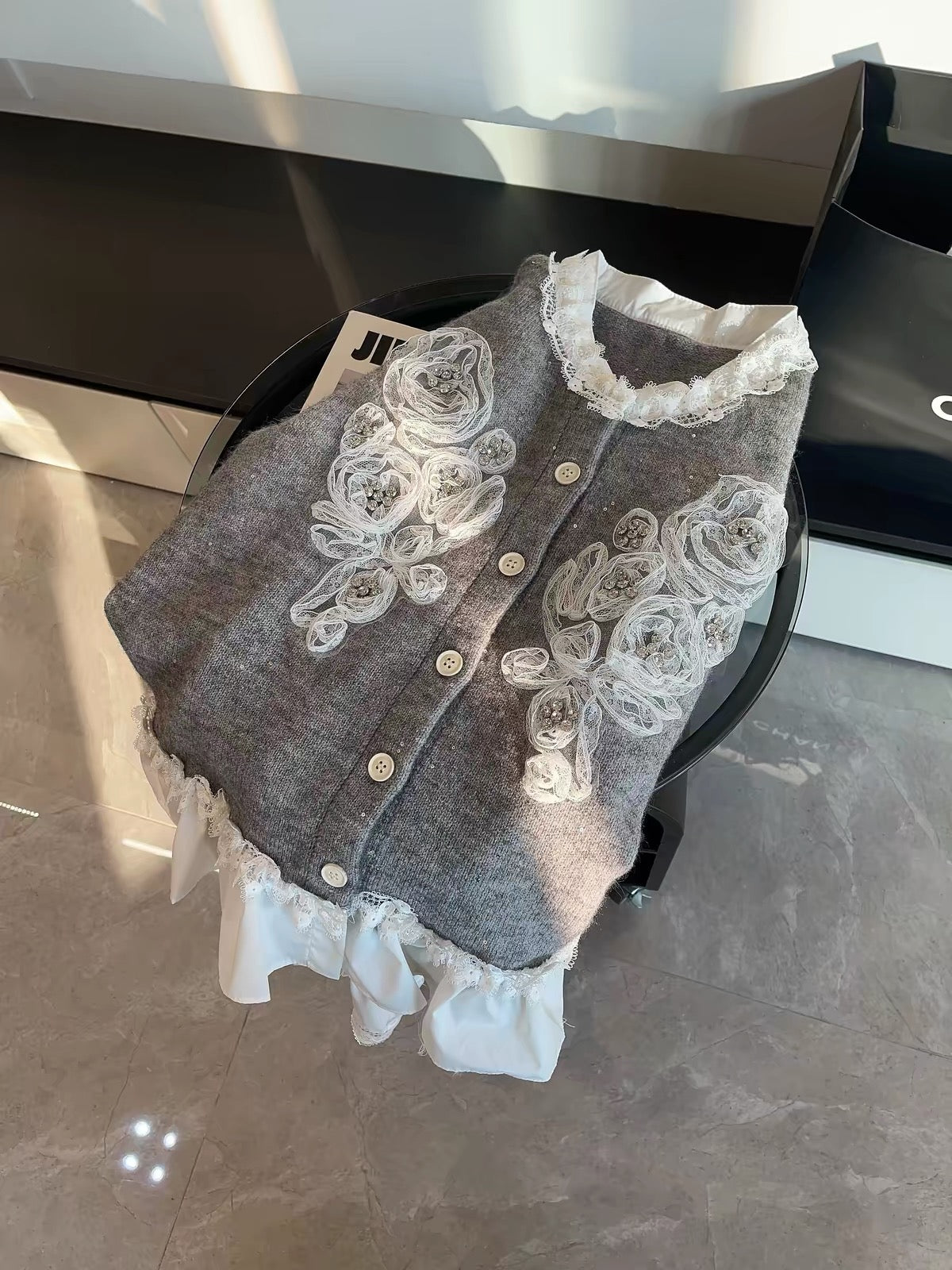 JULY START Early Spring New Arrival: Intricately Beaded Floral Lace-Paneled Knit Cardigan (Faux-Layered Style)