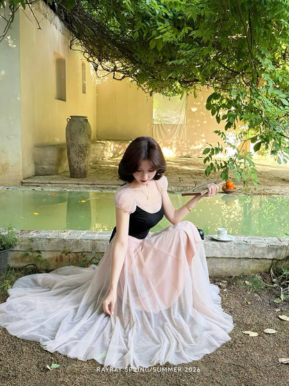 Lei Yingjun [Pink Sweet Gauze] French Gentle Black and Pink Mesh Dress for Women, Summer Slim Waist Puff Sleeve Long Dress