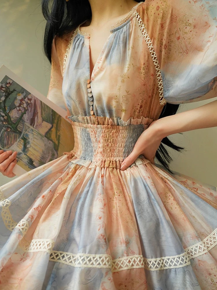 Aconiconi｜Manchunshan French girl gradient print waist retro niche design short dress