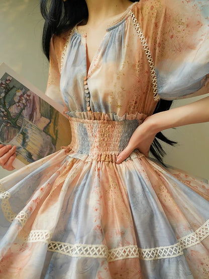 Aconiconi｜Manchunshan French girl gradient print waist retro niche design short dress