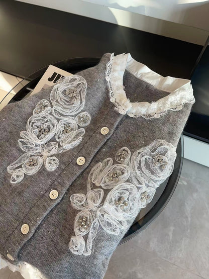 JULY START Early Spring New Arrival: Intricately Beaded Floral Lace-Paneled Knit Cardigan (Faux-Layered Style)