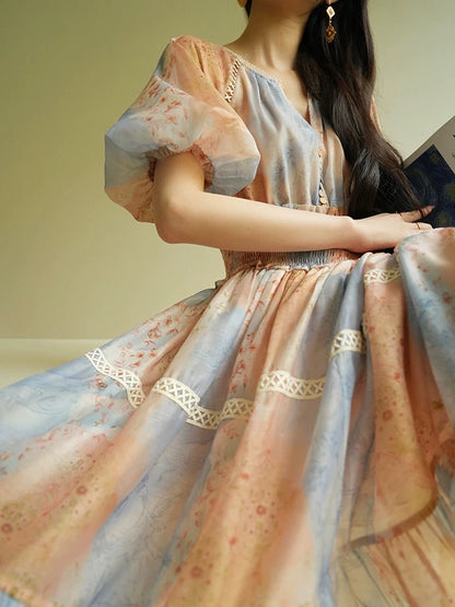 Aconiconi｜Manchunshan French girl gradient print waist retro niche design short dress