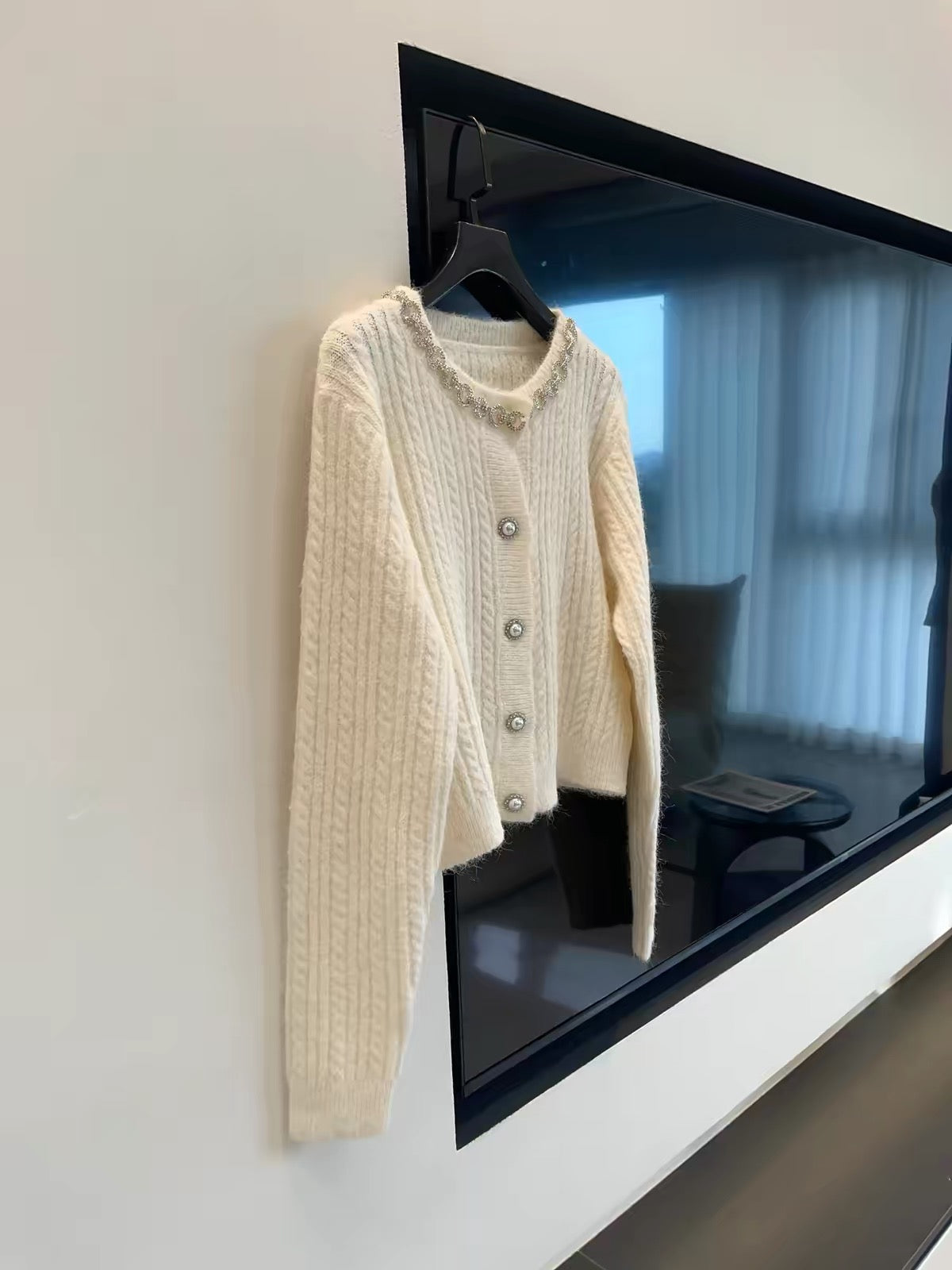 JULY START: Chic "-style" elegance—intricately embellished rhinestone, round-neck, long-sleeve knit cardigan (perfect as an autumn/winter layering piece).