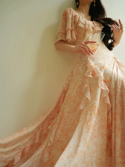 Aconiconi｜Fengyin French gentle orange print elegant ruffled holiday style dress with a large skirt