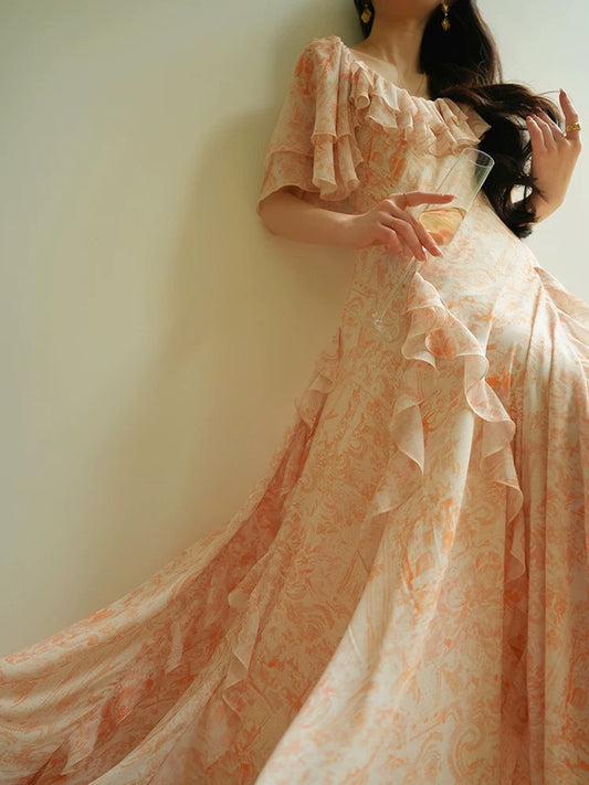 Aconiconi｜Fengyin French gentle orange print elegant ruffled holiday style dress with a large skirt