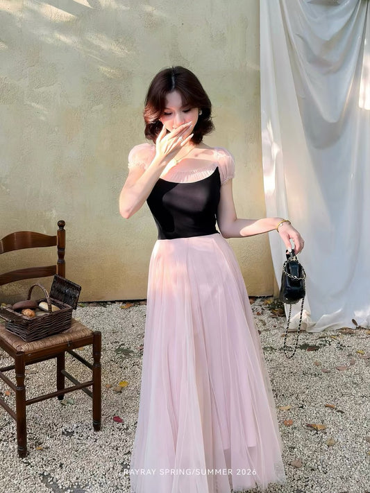 Lei Yingjun [Pink Sweet Gauze] French Gentle Black and Pink Mesh Dress for Women, Summer Slim Waist Puff Sleeve Long Dress