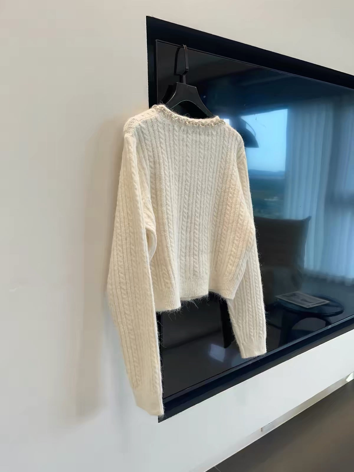 JULY START: Chic "-style" elegance—intricately embellished rhinestone, round-neck, long-sleeve knit cardigan (perfect as an autumn/winter layering piece).