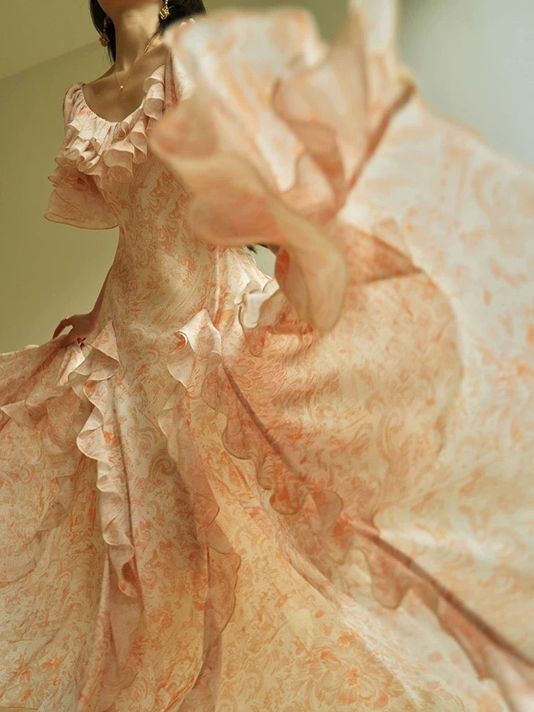 Aconiconi｜Fengyin French gentle orange print elegant ruffled holiday style dress with a large skirt