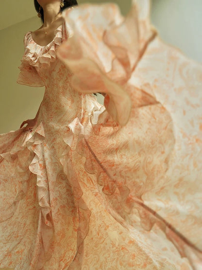 Aconiconi｜Fengyin French gentle orange print elegant ruffled holiday style dress with a large skirt